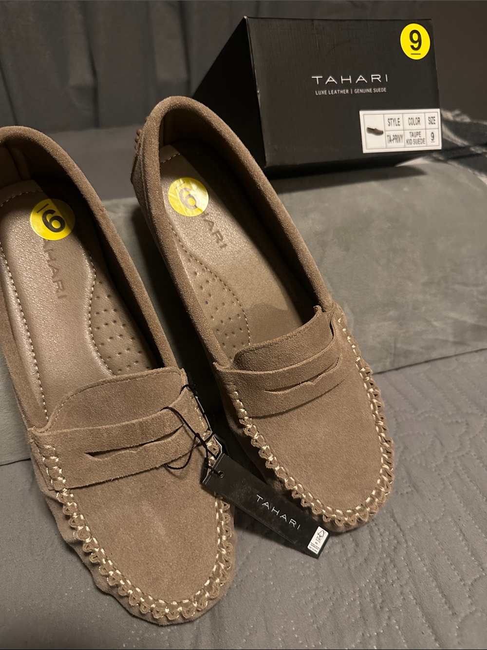 Tahari women’s Taupe Suede Slip-On Moccasins